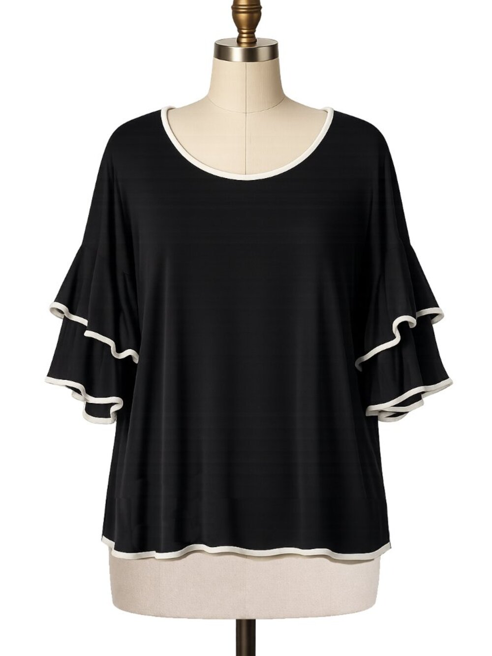 Cable & Gauge Black Ruffle Sleeve Top L White Trim Artsy Romantic